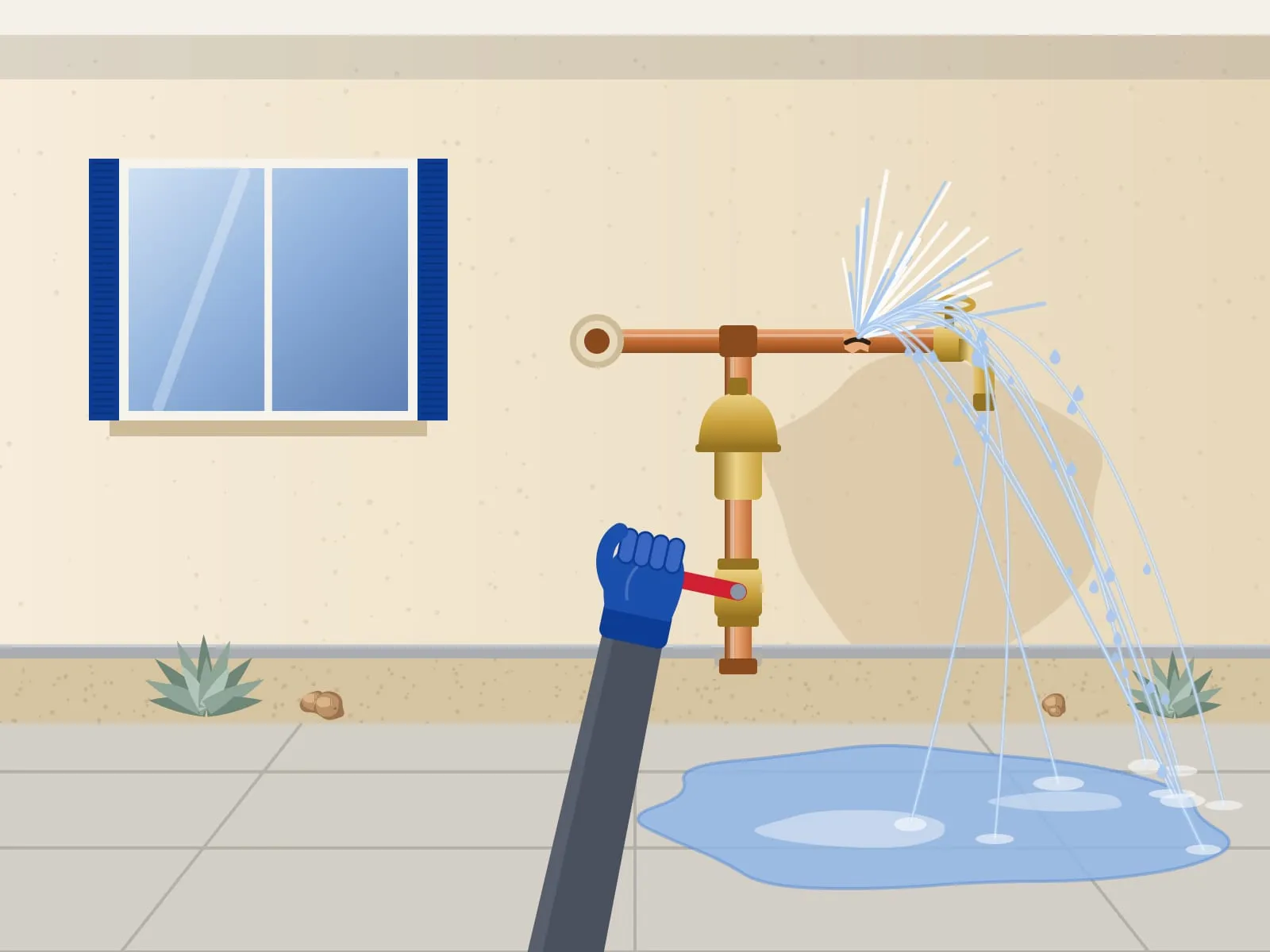 Illustration of a gloved hand closing a red main shutoff valve while a split copper pipe sprays water across a walkway
